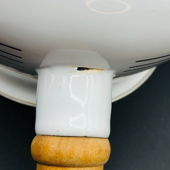 Vintage White Gray Yellow Stripes Enamel Fondue Pot and Lid Wood Handle Saucepan - Picture 8 of 13